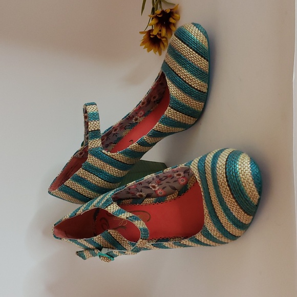 Poetic License Shoes - Poetic License Teal Striped Women's Mary Jane Heels Size 10M